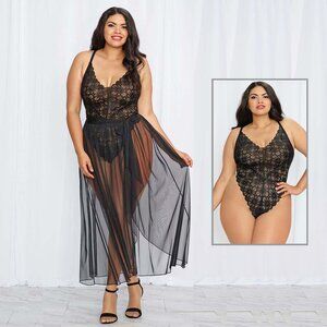 Lace Teddy and Sheer Skirt Set Womens Plus Size 1X Black Bodysuit Lingerie